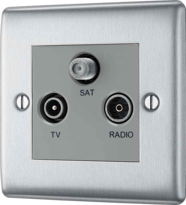 NBS67 Front - This screened Triplex socket from British General has an outlet for TV FM and satellite, with each outlet clearly labelled for ease of identification.