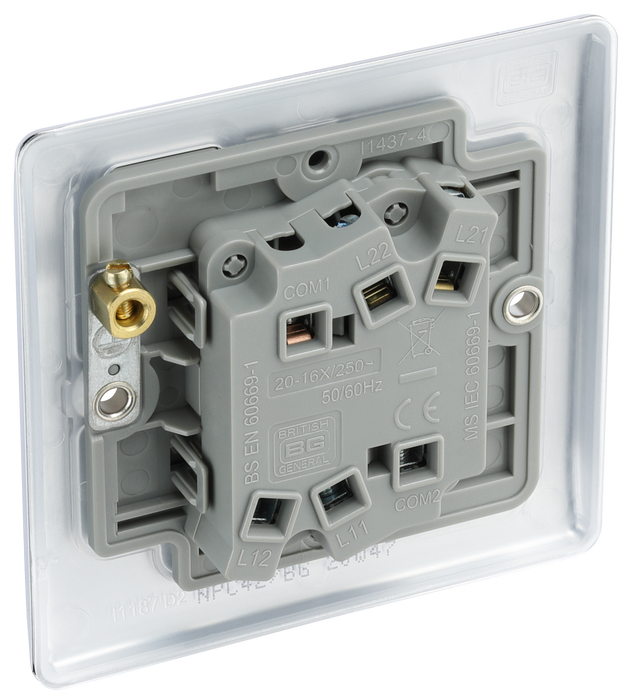 NPC42 Back - This polished chrome finish 20A 16AX double light switch from British General can operate 2 different lights whilst the 2 way switching allows a second switch to be added to the circuit to operate the same light from another location (e.g. at the top and bottom of the stairs).