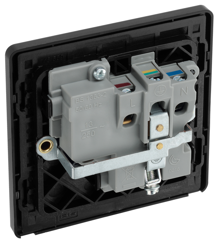  PCDMG21B Back - This Evolve Matt Grey 13A single switched socket from British General has been designed with angled in line colour coded terminals and backed out captive screws for ease of installation, and fits a 25mm back box making it an ideal retro-fit replacement for existing sockets.