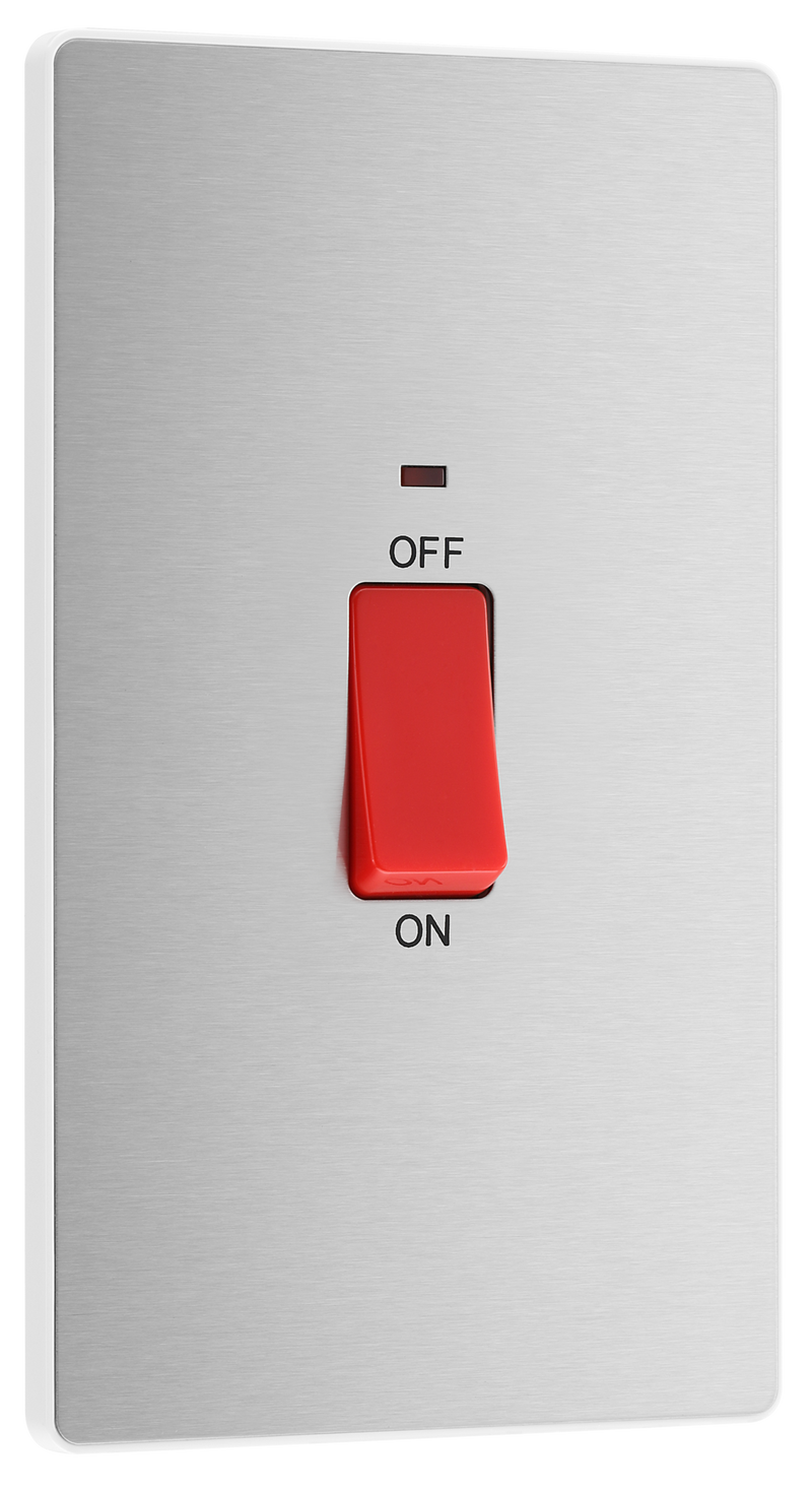 BG PCDBS72W Brushed Steel Evolve 45A 2 Pole Large Plate LED Switch - White Insert