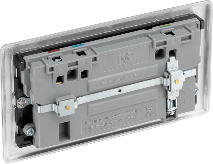 NBS22U3B Back - This 13A double power socket from British General comes with two USB charging ports allowing you to plug in an electrical device and charge mobile devices simultaneously without having to sacrifice a power socket.