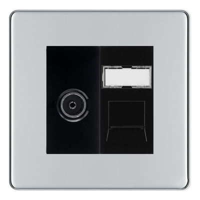 BG Screwless Polished Chrome TV Aerial & RJ45 CAT6 Data Socket - Black Insert
