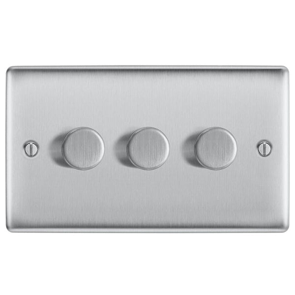 BG NBS83 Brushed Steel Trailing Edge Triple Dimmer Switch 3 Gang 2 Way LED