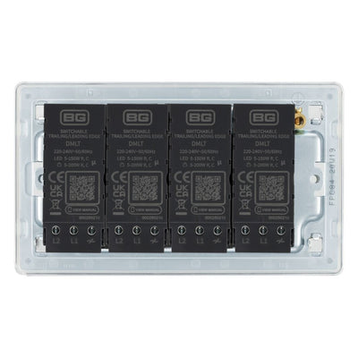 BG Screwless Polished Chrome 200W 2 Way Quadruple Trailing Edge Dimmer Switch FPC84 with 35mm Steel Back Box
