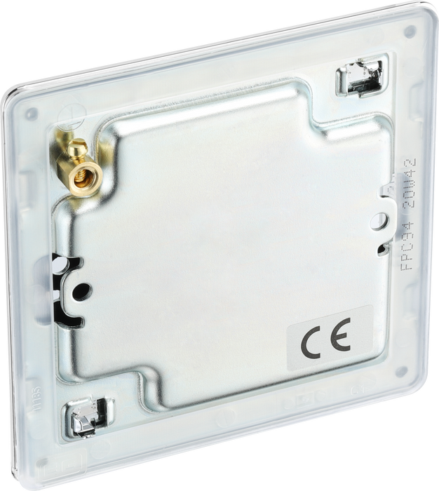 FPC94 Back - This screwless polished chrome single blank plate from British General is ideal for covering unused electrical connections and has a slim clip-on/off front plate for a luxurious finish.