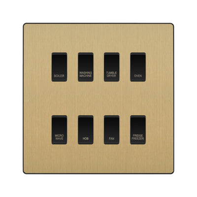 BG Evolve Satin Brass Custom Appliance Grid Switch 8 Gang Screwless