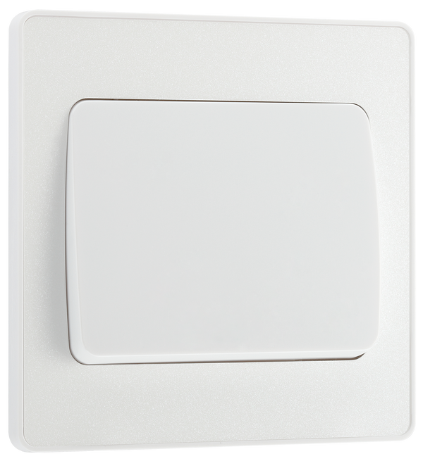 PCDCL12WW Front - This Evolve pearlescent white 20A 16AX single light switch from British General will operate one light in a room. The 2 way switching allows a second switch to be added to the circuit to operate the same light from another location (e.g. at the top and bottom of the stairs).