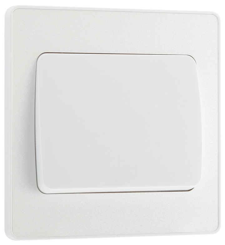 PCDCL12WW Front - This Evolve pearlescent white 20A 16AX single light switch from British General will operate one light in a room. The 2 way switching allows a second switch to be added to the circuit to operate the same light from another location (e.g. at the top and bottom of the stairs).