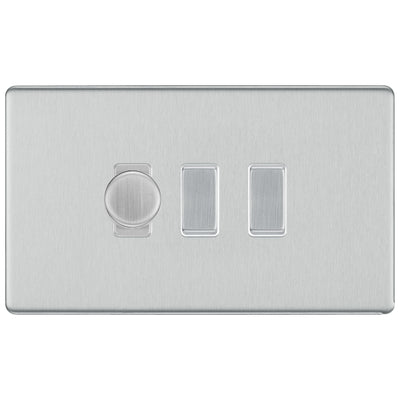 BG Brushed Steel Screwless Flat Plate 3 Gang Light Switch 1x Trailing Edge LED Dimmer 2x 2 Way Custom Switch