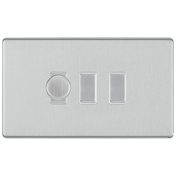 BG Brushed Steel Screwless Flat Plate 3 Gang Light Switch 1x Trailing Edge LED Dimmer 2x 2 Way Custom Switch