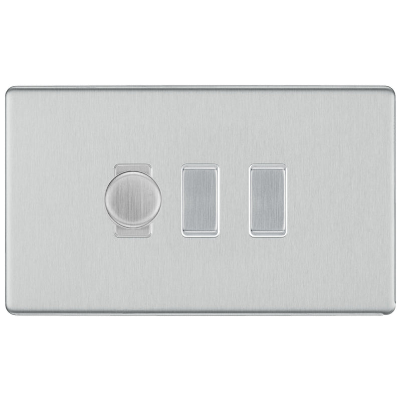 BG Brushed Steel Screwless Flat Plate 3 Gang Light Switch 1x Trailing Edge LED Dimmer 2x 2 Way Custom Switch