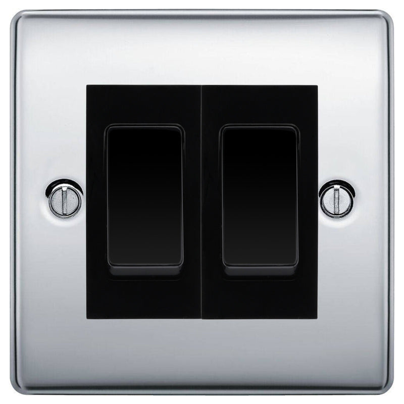 BG Nexus Polished Chrome 2-Gang Light Switch 1x 2-Way + 1x Intermediate – Black Inserts