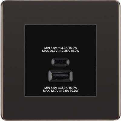 BG Black Nickel 45W USB Wall Socket Euro Module USB-A & C - Black Insert