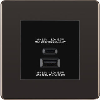 BG Black Nickel 45W USB Wall Socket Euro Module USB-A & C - Black Insert