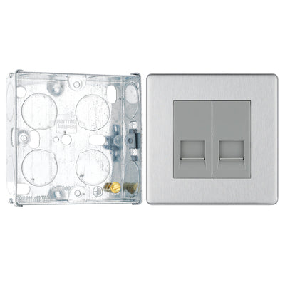 BG Screwless Brushed Steel Double Slave Telephone Socket FBSBTS2 with 25mm Steel Back Box by British General (BG-FBSBTS2+HGS02)