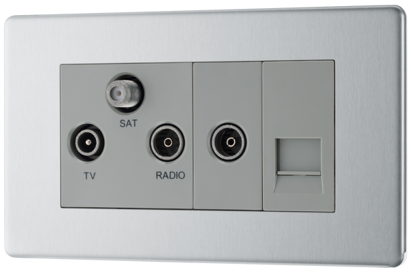 BG FBS68 Flatplate Triplex TV/FM/Sat Socket + Return & 1 Gang Tel. - Screened Brushed Steel - Grey Insert