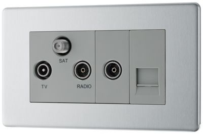 BG FBS68 Flatplate Triplex TV/FM/Sat Socket + Return & 1 Gang Tel. - Screened Brushed Steel - Grey Insert