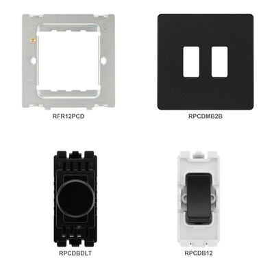 BG Evolve Matt Black 2 Gang Light Switch 1x Dual Mode LED Dimmer 1x 2 Way Custom Switch