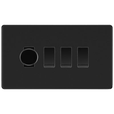 BG Screwless Flatplate Matt Black 4 Gang Grid Switch 1x Trailing Edge LED Dimmer 3x 2 Way by British General (SCREWLESS-MB-4G-CUSTOM-1x-DIMMER-3x-2Way)