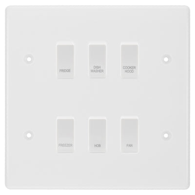 BG White Moulded 6 Gang Custom Labelled Appliance Grid Switch by British General (BG-Nexus-White-Moulded-6G-Appliance)