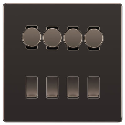 BG Screwless Black Nickel 8 Gang Switch 4x Trailing Edge LED Dimmer 4x Intermediate Custom Grid Switch by British General (BG-SCRL-BN-8G-CUSTOM-4x-Dimmer-4x-INT)