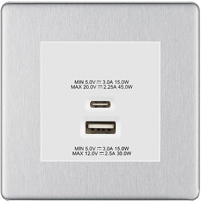 BG Brushed Steel 45W USB Wall Socket Euro Module USB-A & C - White Insert by British General (BG-FBSEMS2+EMUSBAC45W)