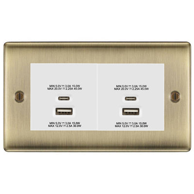 BG Antique Brass 4G Euro Plate with 45W USB A+C Charger Modules - White Insert