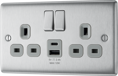 BG NBS22UAC12G Nexus Metal 13A Double Switched Power Socket + USB A+C (12W) - Brushed Steel + Grey Insert by British General (BG-NBS22UAC12G)