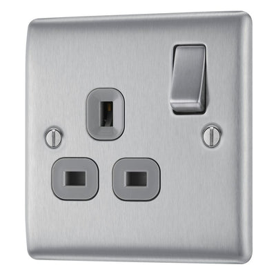 BG Nexus Metal Brushed Steel 13A Single Switched Socket NBS21G with 35mm Steel Back Box