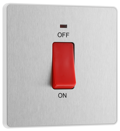 BG PCDBS74W Brushed Steel Evolve 45A 2 Pole LED Switch - White Insert by British General (BG-PCDBS74W-Shopify-SA_1)