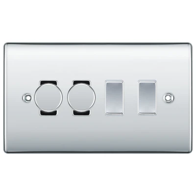 BG Nexus Polished Chrome 4 Gang Light Switch Grid – 2x Trailing-Edge LED Dimmer, 1x Intermediate, 1x 2-Way Switch by British General (BG-Nexus-PC-4G-2x-Dimmer-1x-INT-1x-2Way)