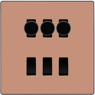 BG Evolve Polished Copper 6 Gang Switch 3x Trailing Edge LED Dimmer 3x Intermediate Custom Grid Switch by British General (BG-Evolve-CP-6G-CUSTOM-3x-Dimmer-3x-INT)