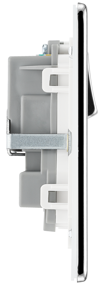 BG FPC22W Nexus Screwless Flat-Plate Double Switched Plug Socket Polished Chrome White Inserts 13A