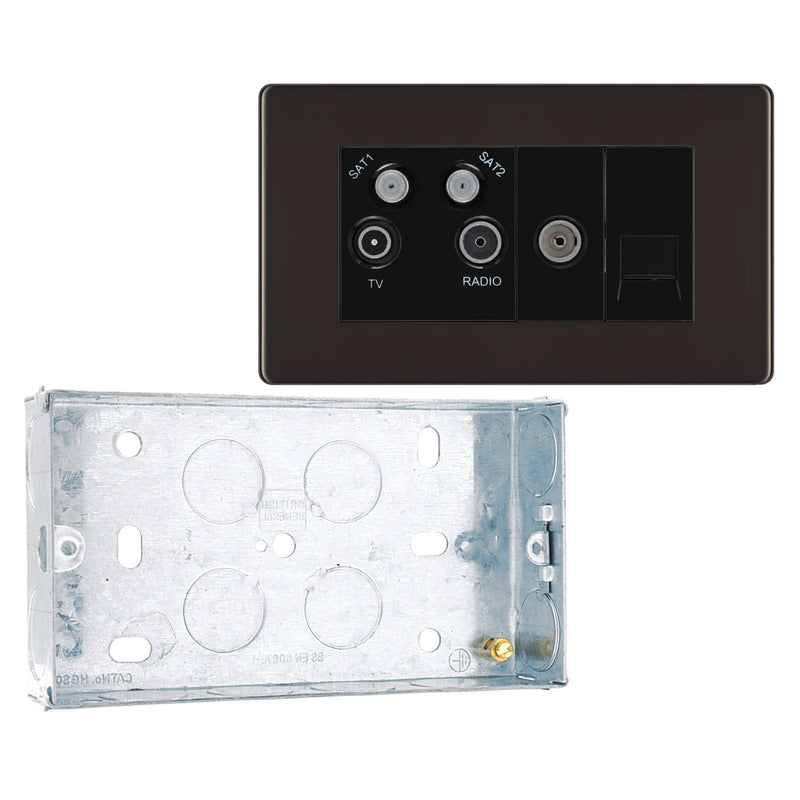 BG Screwless Black Nickel Quadplex TV FM SAT (x2) FBN69 with 25mm Steel Back Box