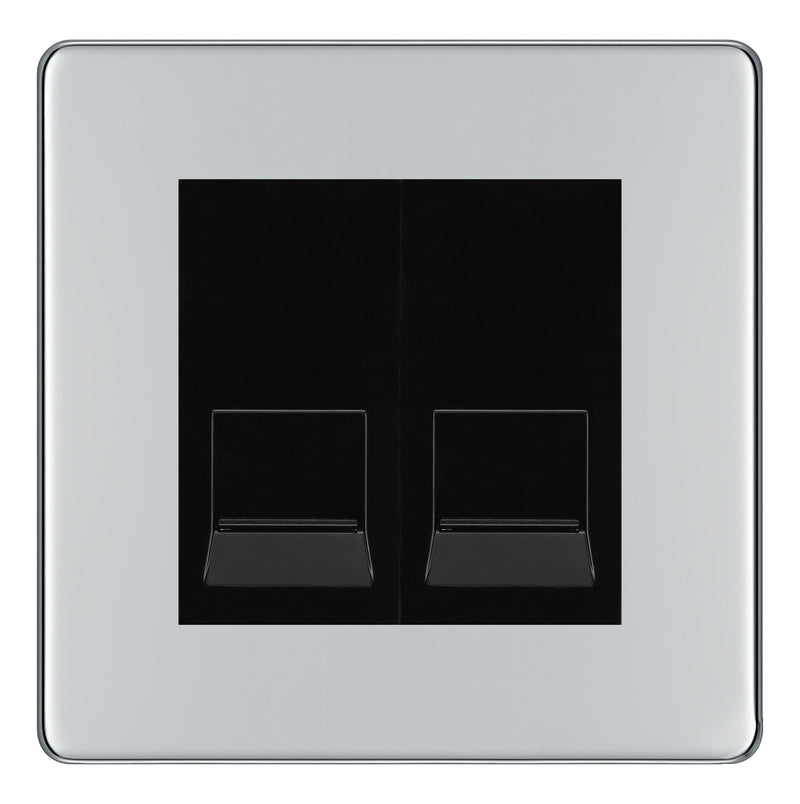 BG Screwless Polished Chrome Double Master Telephone Socket – Black Insert