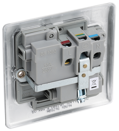 NBS21G Back  - This brushed steel finish 13A single switched socket from British General has a sleek and slim profile with softly rounded edges, anti-fingerprint lacquer and no visible plastic around the switch for a luxurious finish.