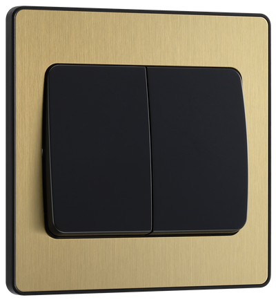PCDSB42WB Front - This Evolve Satin Brass 20A 16AX double light switch from British General can operate 2 different lights, whilst the 2 way switching allows a second switch to be added to the circuit to operate the same light from another location (e.g. at the top and bottom of the stairs).