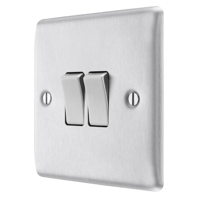 Brushed Steel 20A 16AX 2 Gang Double Light Switch & Surface Pattress Back Box
