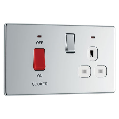 BG Screwless Polished Chrome 45A DP Cooker Neon Socket Switch FPC70W with 35mm Steel Back Box