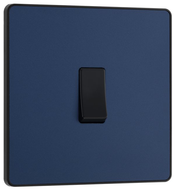 PCDDB13B Front - This Evolve Matt Blue 20A 16AX intermediate light switch from British General should be used as the middle switch when you need to operate one light from 3 different locations, such as either end of a hallway and at the top of the stairs.