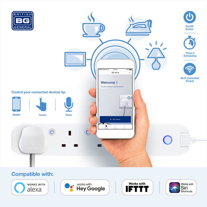 BG Smart EHC31 3 Gang Way Triple Socket Extension Lead 1m White Home App Control