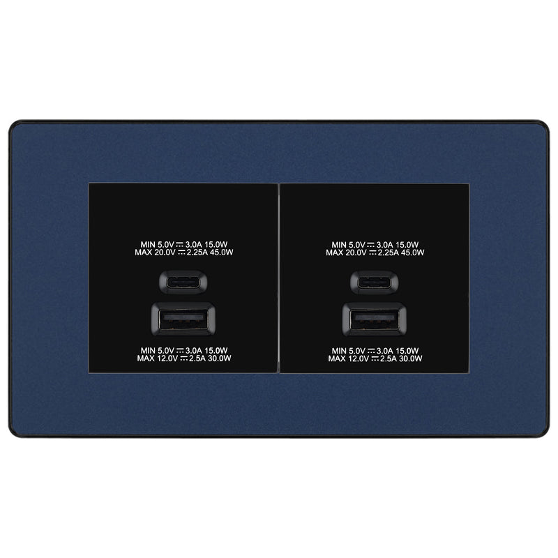 BG Evolve Matt Blue 4G Faceplate with 45W USB A+C Charger Modules – Black Insert