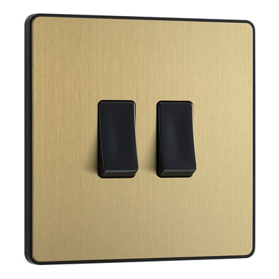 BG Evolve Satin Brass 2 Gang 20A 16AX 2 Way Light Switch PCDSB42B with 35mm Steel Back Box