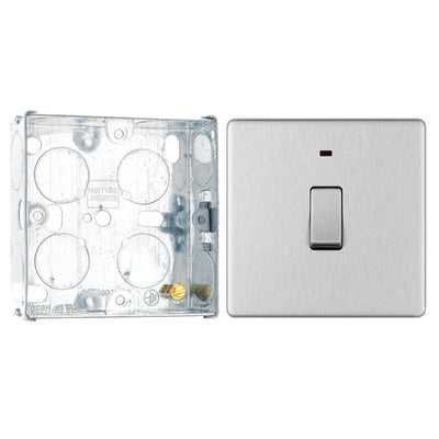BG Screwless Brushed Steel 20A 2 Pole Neon Switch FBS31 with 25mm Steel Back Box by British General (BG-FBS31+HGS02)
