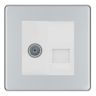 BG Screwless Polished Chrome TV Aerial & BT Telephone Outlet Plate — White Insert