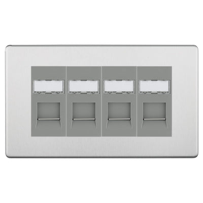 BG Screwless Brushed Steel 4 Gang RJ45 Cat6 Data Socket Outlet Grey Inserts by British General (BG-FBSRJ454G)