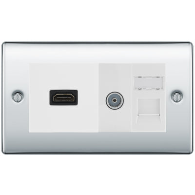 BG Nexus Polished Chrome Media Wall Plate TV Aerial, HDMI & CAT6 Outlet - White Insert by British General