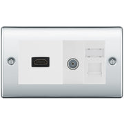 BG Nexus Polished Chrome Media Wall Plate TV Aerial, HDMI & CAT6 Outlet - White Insert by British General