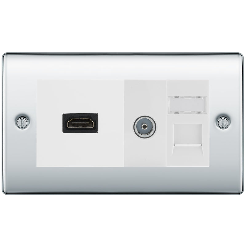 BG Nexus Polished Chrome Media Wall Plate TV Aerial, HDMI & CAT6 Outlet - White Insert