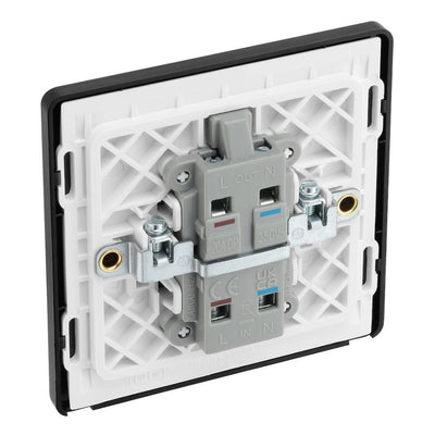 BG Evolve Satin Brass 20A Double Pole Switch with Neon PCDSB31B with 35mm Steel Back Box